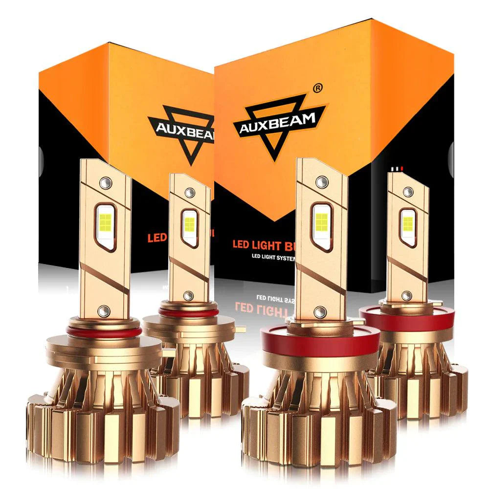 Set of four AUXBEAM 9005+H11 44W 4000LM fanless LED headlight bulbs with 6500K cool white light