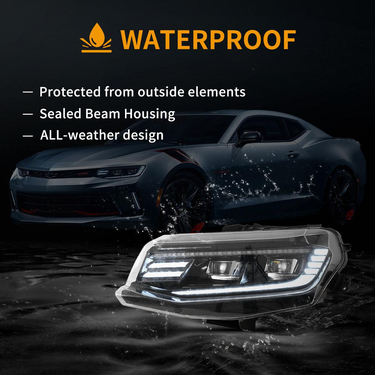 مجموعة مصابيح أمامية LED مزدوجة الشعاع باللون الأسود مع خاصية الترحيب/التنفس والرجوع للأمام والخلف لسيارة شيفروليه كامارو موديلات 2016-2018 وكامارو ZL1 موديلات 2019-2024