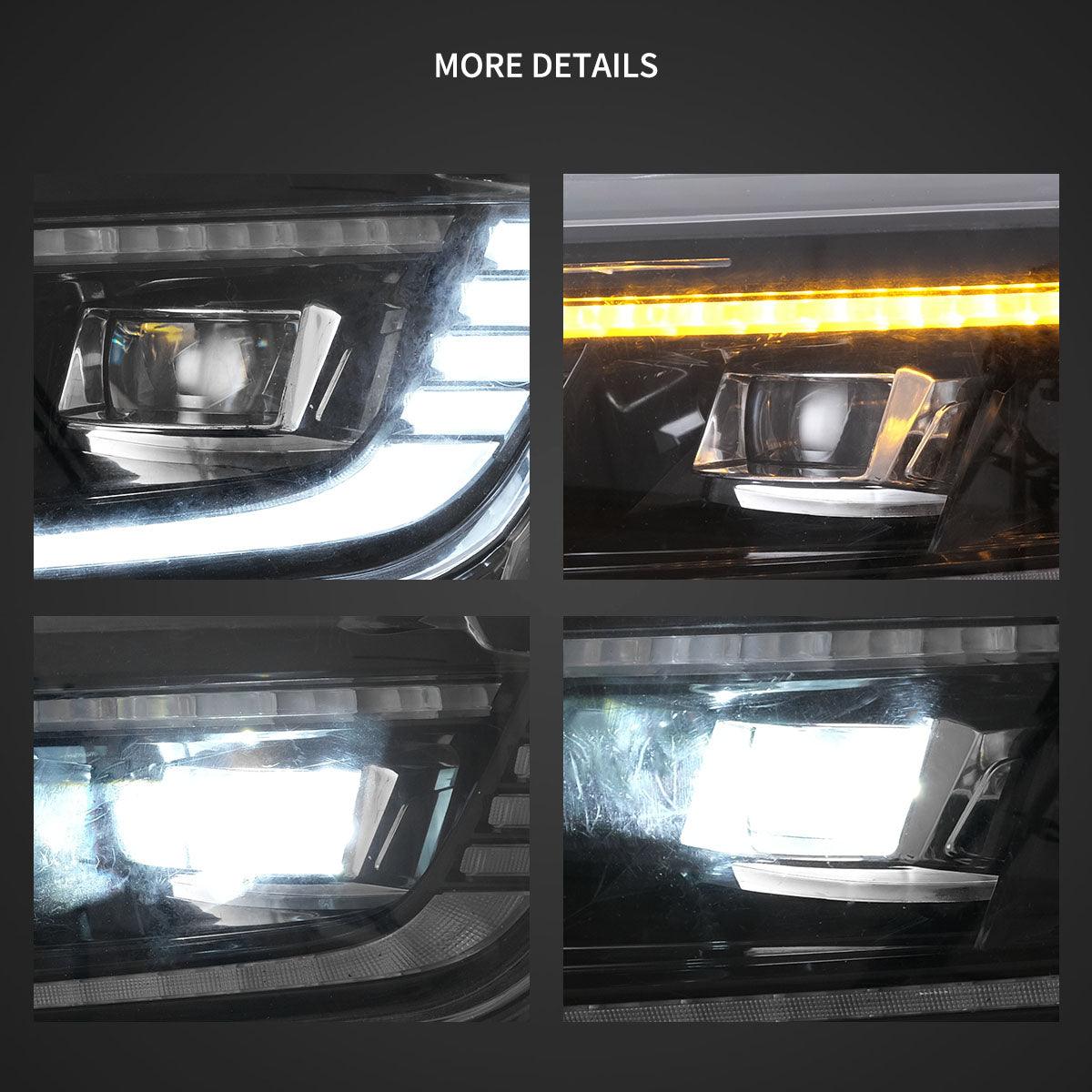 مجموعة مصابيح أمامية LED مزدوجة الشعاع باللون الأسود مع خاصية الترحيب/التنفس والرجوع للأمام والخلف لسيارة شيفروليه كامارو موديلات 2016-2018 وكامارو ZL1 موديلات 2019-2024