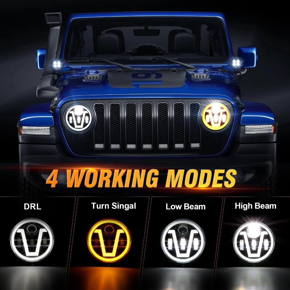 7 Inch LED Headlights Halo Amber Turn Signal Lights with DRL High/Low Beam Fit for Jeep Wrangler JK LJ CJ TJ