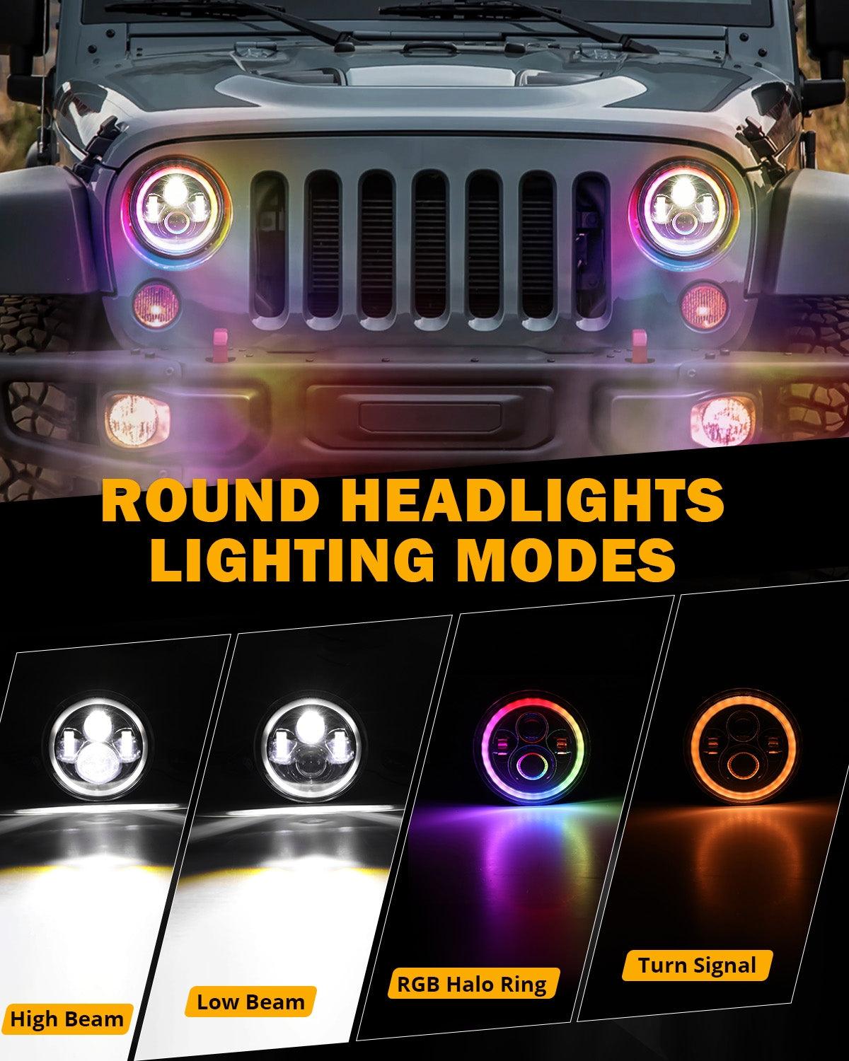 مجموعة مصابيح أمامية RGB مُحسّنة مقاس 7 بوصات + مصابيح ضباب مقاس 4 بوصات لسيارة Jeep Wrangler JK مع التحكم عبر التطبيق 
