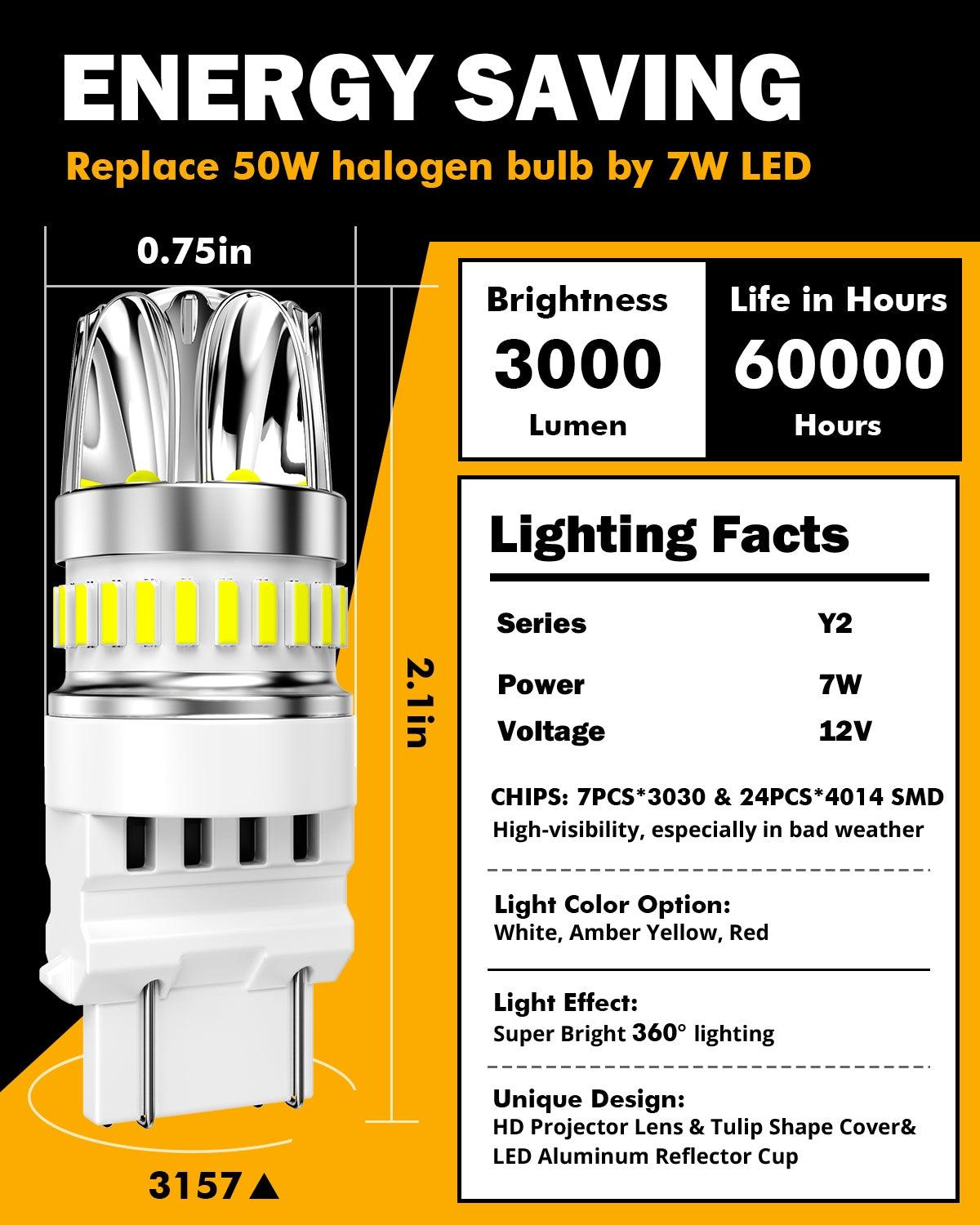 T25 3157 3156 LED Backup Reverse/Turn Signal/Brake Tail Light Bulbs 14W 6000LM CAN-Bus Error Free 6500K White Y2 Series | 2 Bulbs