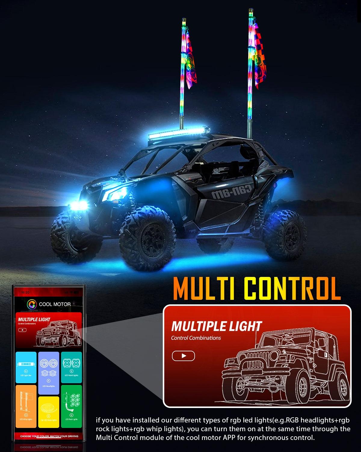 New LED RGB Whip Lights with Turn Signal & Brake Light, Bluetooth APP/ Remote Control