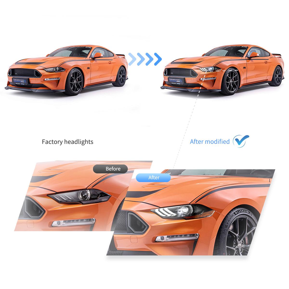مجموعة مصابيح أمامية LED مزدوجة الشعاع باللون الأسود لسيارة فورد موستانج الجيل السادس المحدثة موديلات 2018-2024