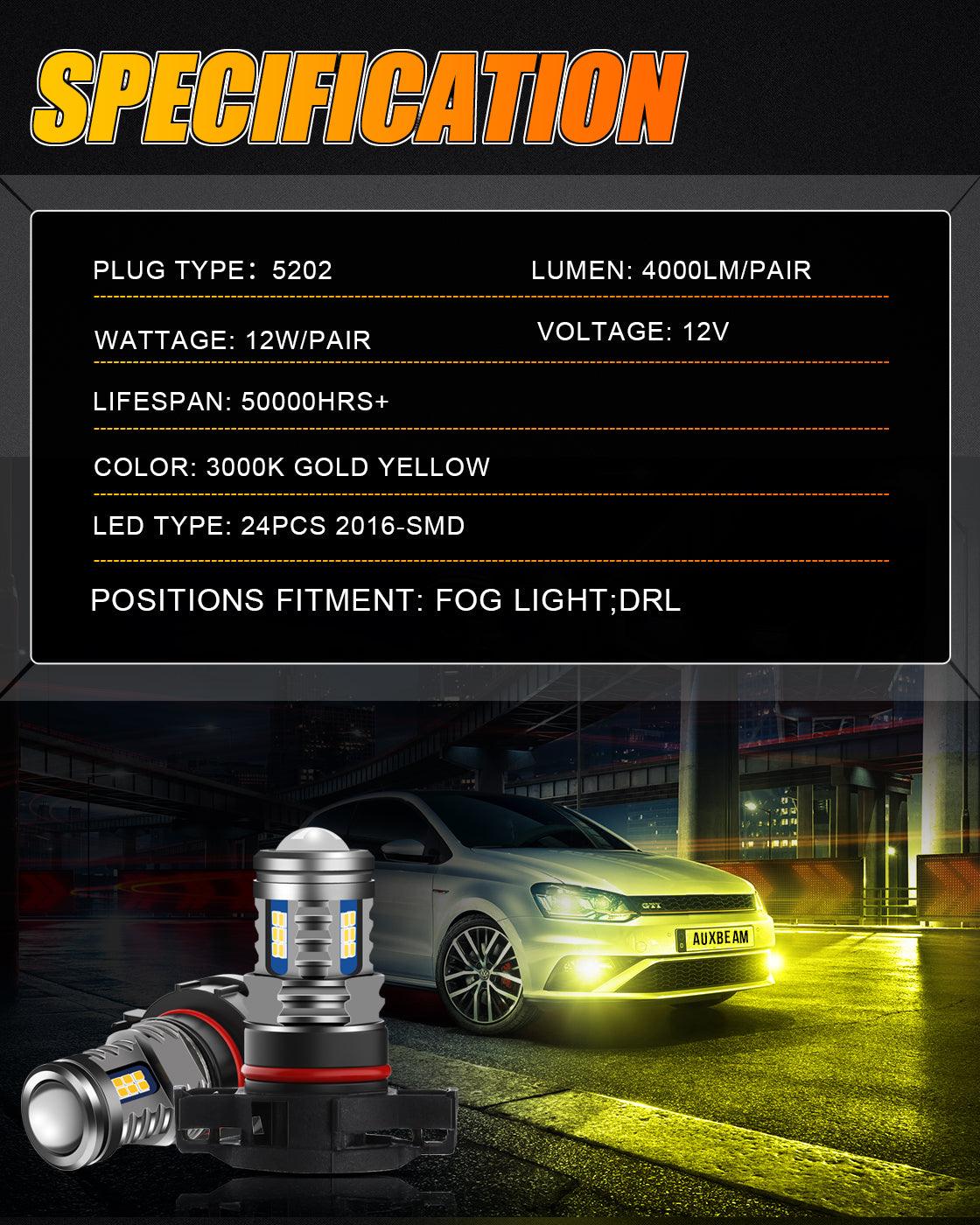 (قطعتان/مجموعة) سلسلة Y2 من مصابيح الضباب LED ثلاثية الجوانب باللون الأبيض البارد/الأصفر الذهبي/النهاري 5202/5201/PS24W/H16EU