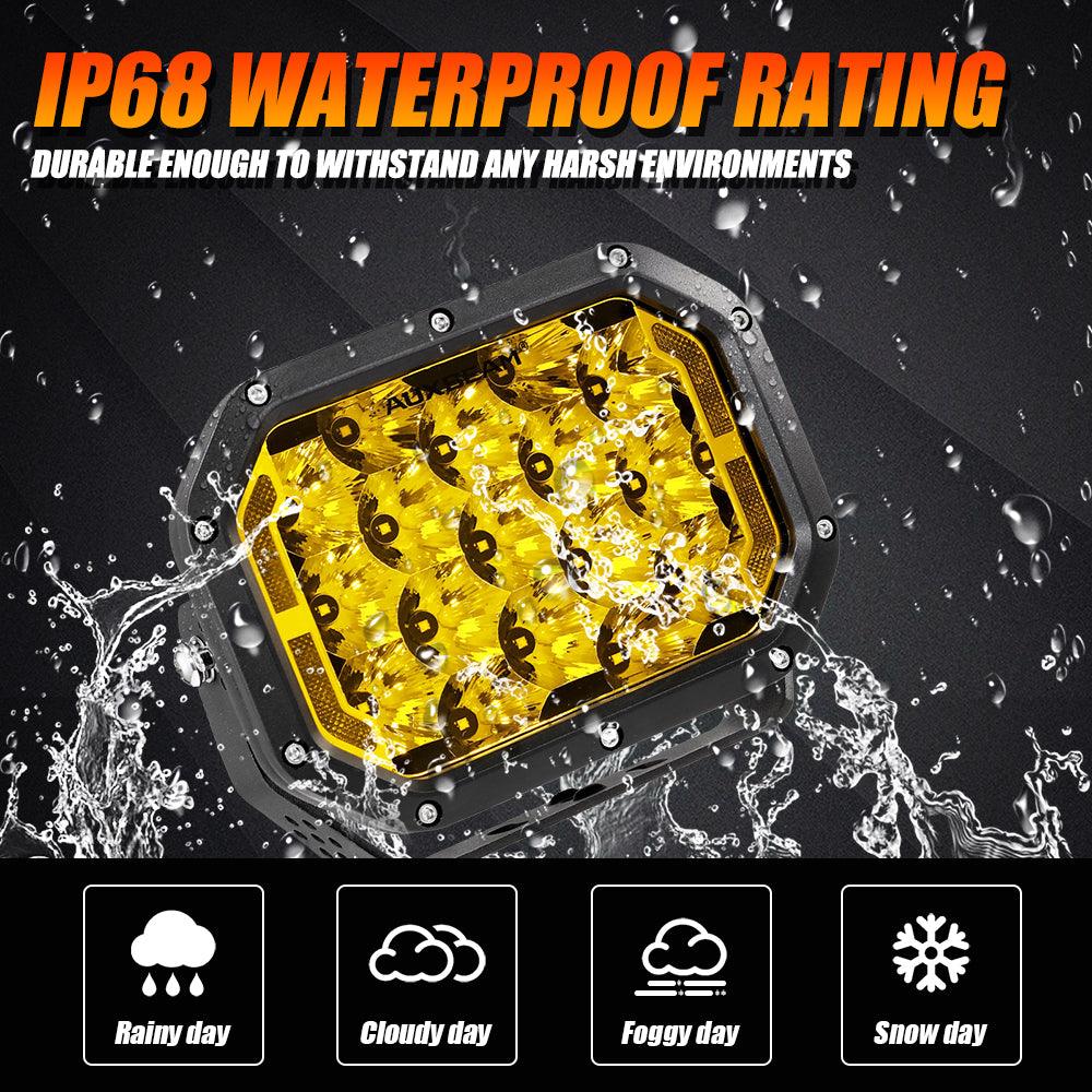 مصابيح قيادة LED مستطيلة مقاس 7 × 5 بوصة مع مصابيح نهارية كهرمانية لمركبات الدفع الرباعي والمركبات متعددة الاستخدامات والمركبات رباعية الدفع