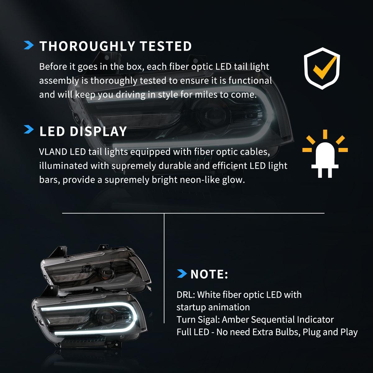 مجموعة مصابيح أمامية LED مزدوجة الشعاع باللون الأسود لسيارة دودج تشارجر (LD) موديلات 2011-2014 المحدثة مسبقًا