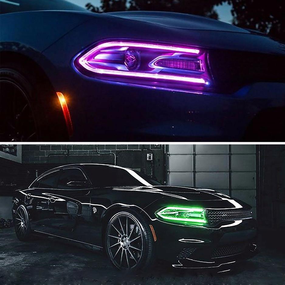مجموعة مصابيح أمامية LED بنمط RGB مع جهاز عرض مزدوج الشعاع باللون الأسود لسيارة Dodge Charger الجيل السابع (LD) موديلات 2015-2023