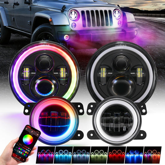 Upgraded RGB 7 Inch Headlights + 4 Inch Fog Lights Combo for Jeep Wrangler JK with APP Control 
