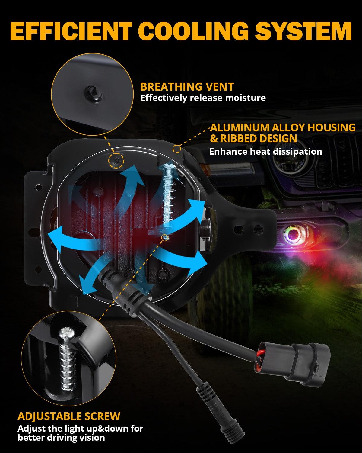 مصابيح ضباب LED مُحسّنة مقاس 4 بوصات مع حلقة هالة RGB وضوء إشارة انعطاف، وتحكم بلوتوث لسيارة جيب رانجلر JK/JL 2018-2024 