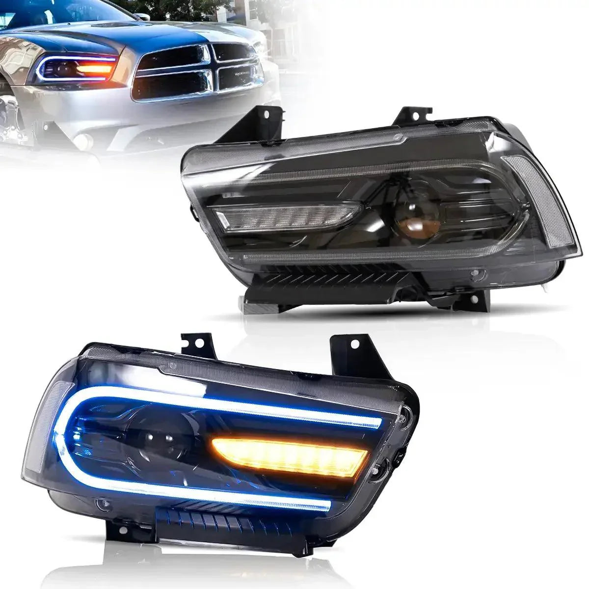 مجموعة مصابيح أمامية LED RGB ثنائية الشعاع باللون الأسود لسيارة Dodge Charger (LD) موديلات 2011-2014