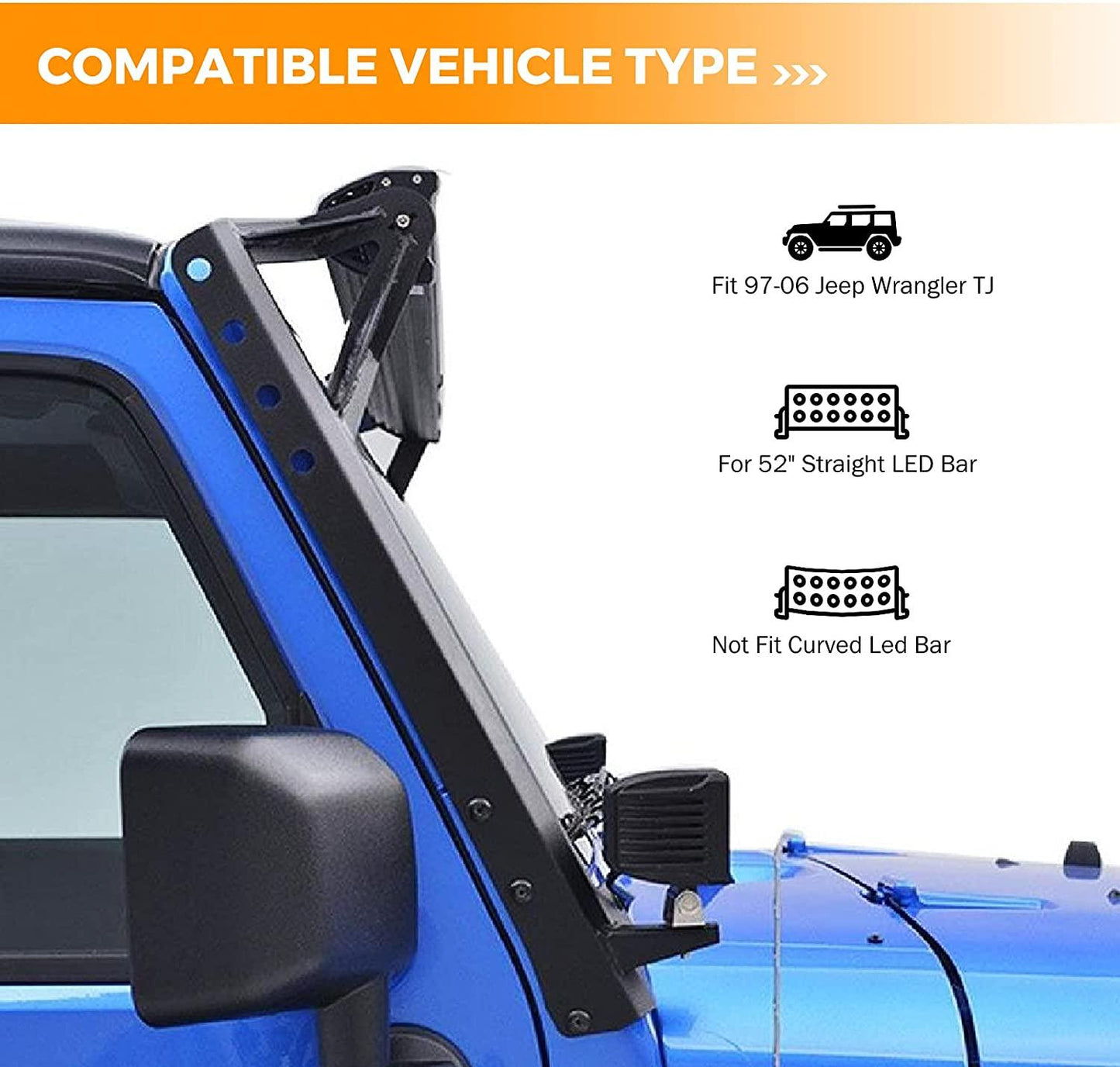 52" 5D-PRO LED Light Bar &amp; 3"LED PODS &amp; 2 IN 1 Design Windshield Mounting Brackets For Jeep Wrangler JK 2007~2017