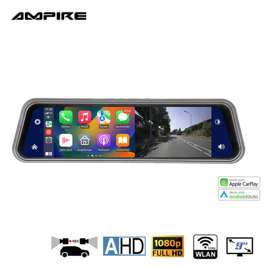AMPIRE smartphone mirror monitor 22.9cm (9'') AHD Dual Dashcam &amp; Rearview camera