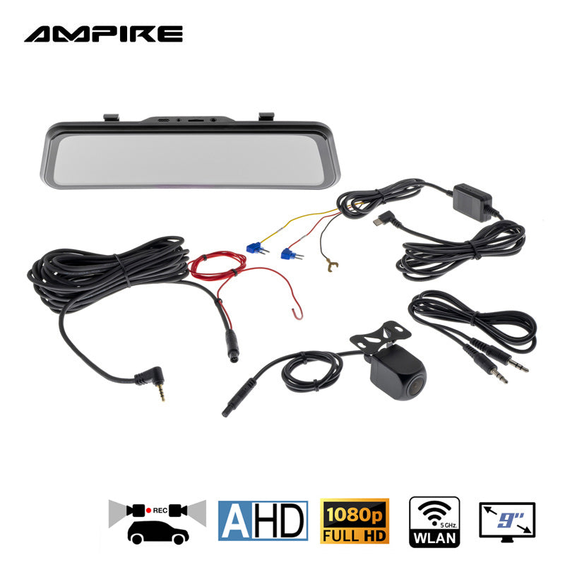 AMPIRE smartphone mirror monitor 22.9cm (9'') AHD Dual Dashcam &amp; Rearview camera
