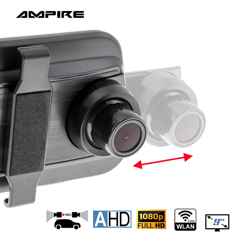 AMPIRE smartphone mirror monitor 22.9cm (9'') AHD Dual Dashcam &amp; Rearview camera