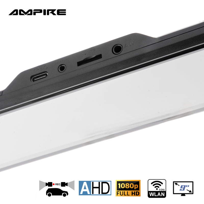 AMPIRE smartphone mirror monitor 22.9cm (9'') AHD Dual Dashcam &amp; Rearview camera