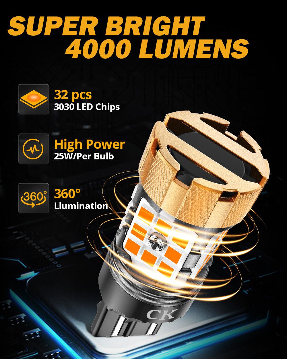 🆕7443 US-CK LED Turn Signal Light Rear/Front, Side Maker Light Bulbs 50W 4000LM CAN-Bus Error Free 3000K Amber B21-PRO Series |2 Bulbs