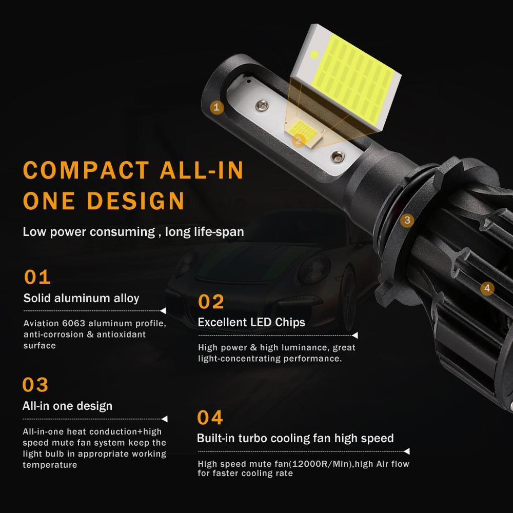 T5 Series Fan Cooling 50W 5000LM LED Light Bulbs High Low Beam Conversion Kit