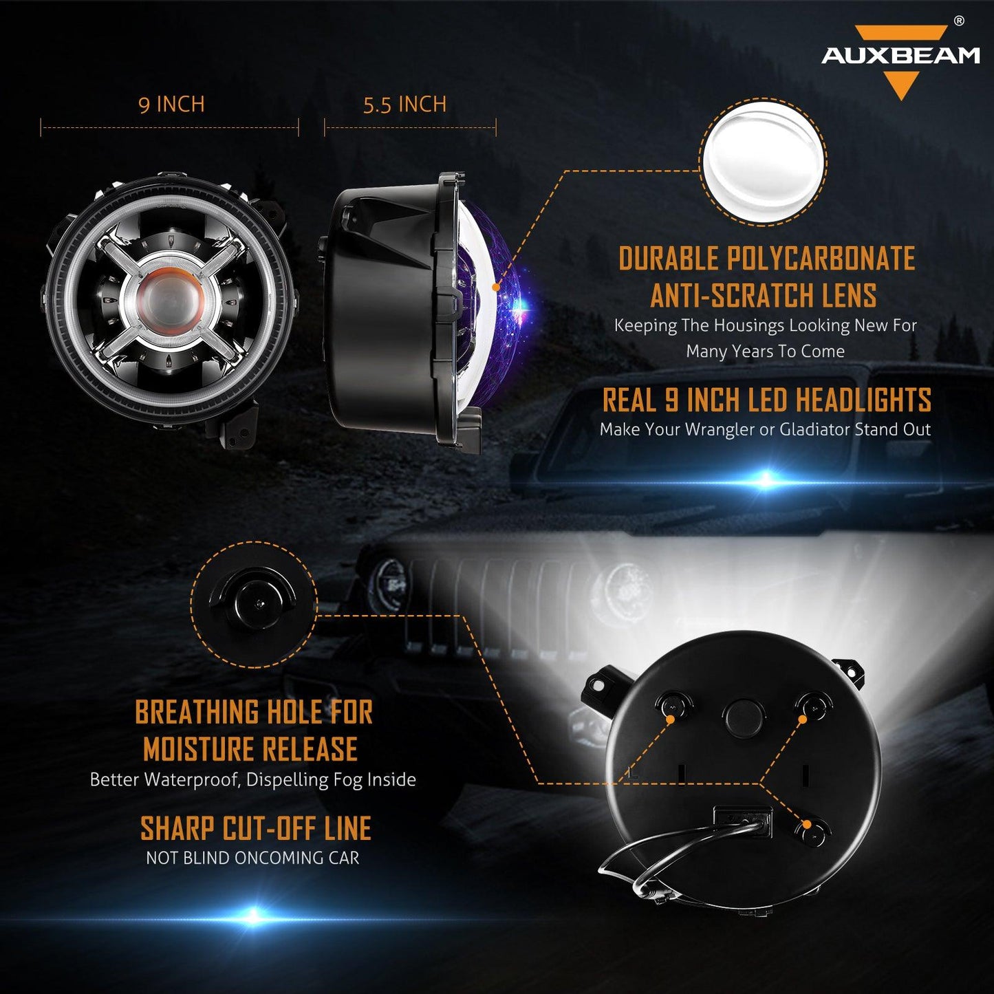 9'' Round RGB LED Headlights Bluetooth Control with DRL &amp; 4'' 30W LED Fog Lights with Adapter Ring for Jeep Wrangler JL 2018-2019