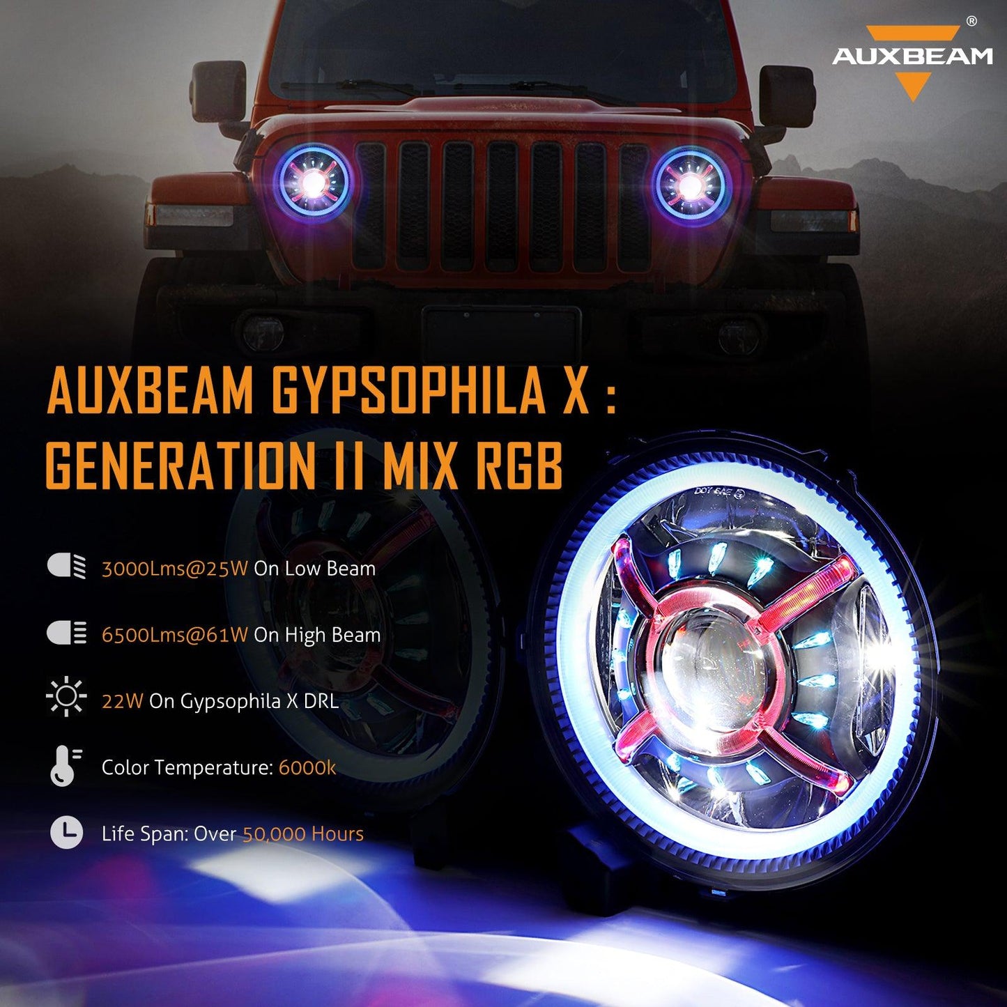 9'' Round RGB LED Headlights Bluetooth Control with DRL &amp; 4'' 30W LED Fog Lights with Adapter Ring for Jeep Wrangler JL 2018-2019