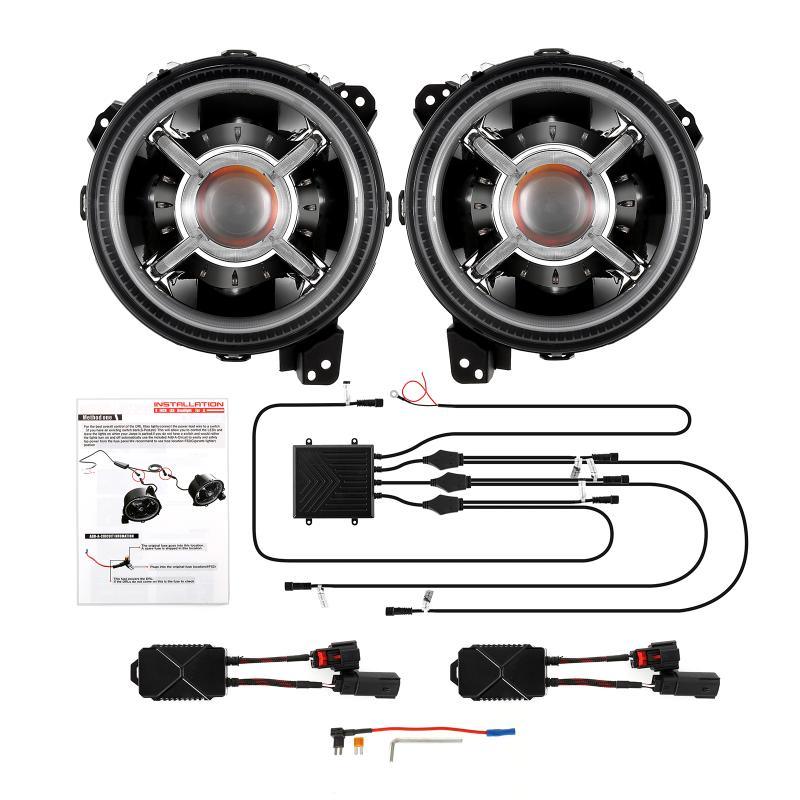 9'' Round RGB LED Headlights Bluetooth Control with DRL &amp; 4'' 30W LED Fog Lights with Adapter Ring for Jeep Wrangler JL 2018-2019