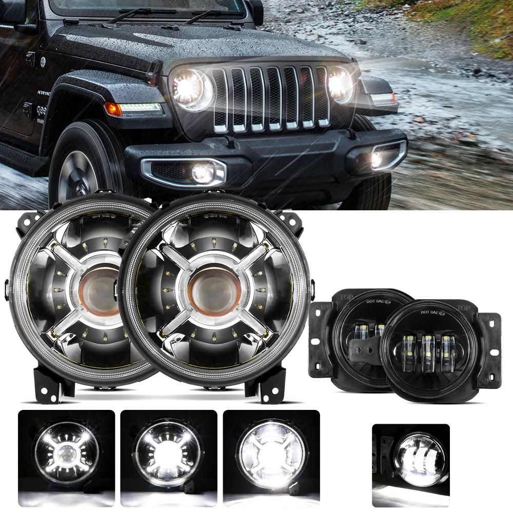9'' Round 100W LED Headlights with DRL &amp; 4'' 30W LED Fog Lights for 2018-2022 Jeep Wrangler JL, 2019-2022 Gladiator JT