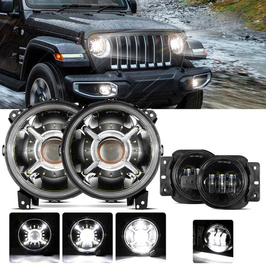 9'' Round 100W LED Headlights with DRL &amp; 4'' 30W LED Fog Lights for 2018-2022 Jeep Wrangler JL, 2019-2022 Gladiator JT