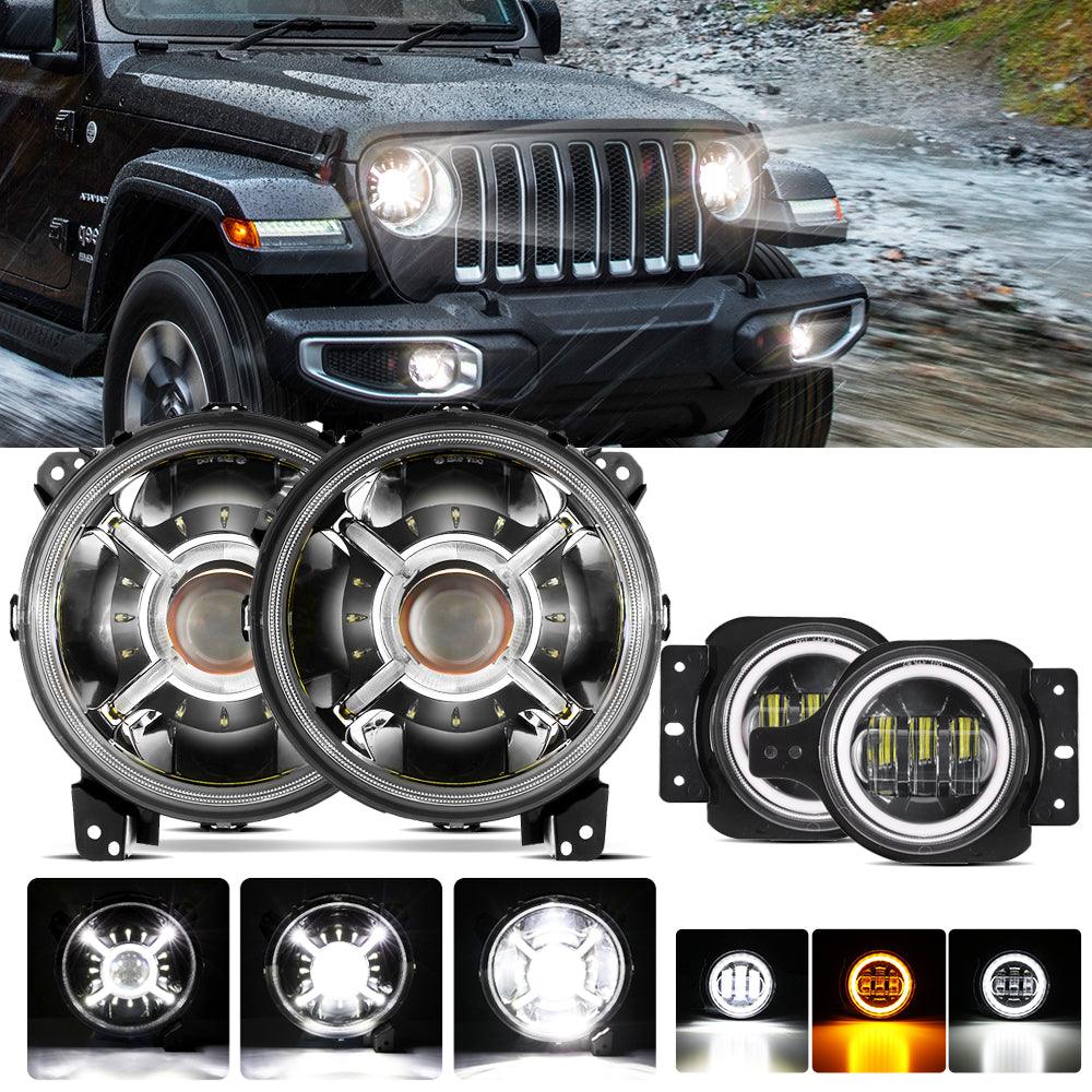 9'' ROUND 100W LED HEADLIGHTS WITH DRL &amp; 4'' 30W LED FOG LIGHTS FOR 2018-2022 JEEP WRANGLER JL