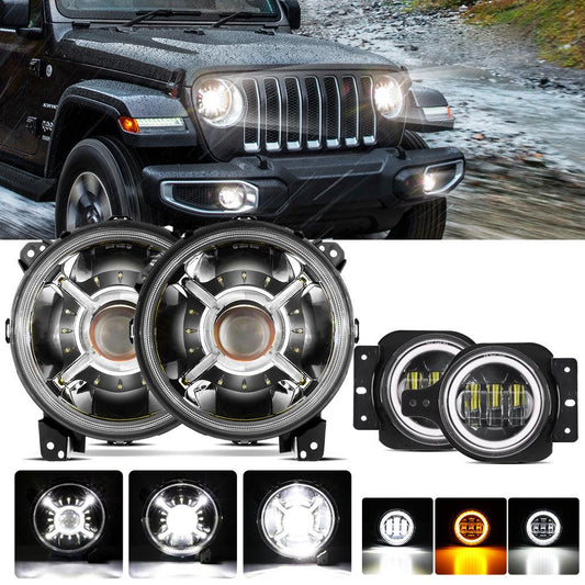 9'' ROUND 100W LED HEADLIGHTS WITH DRL &amp; 4'' 30W LED FOG LIGHTS FOR 2018-2022 JEEP WRANGLER JL