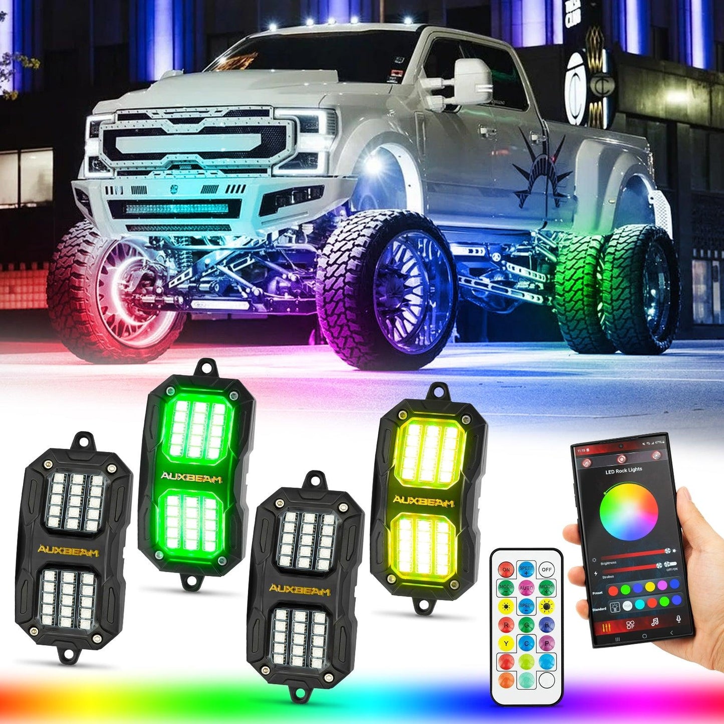 NEW Vibrant Series | Upgraded RGB LED Rock Lights Kit Multicolor Neon Underglow Lights with Bluetooth APP & Remote Control