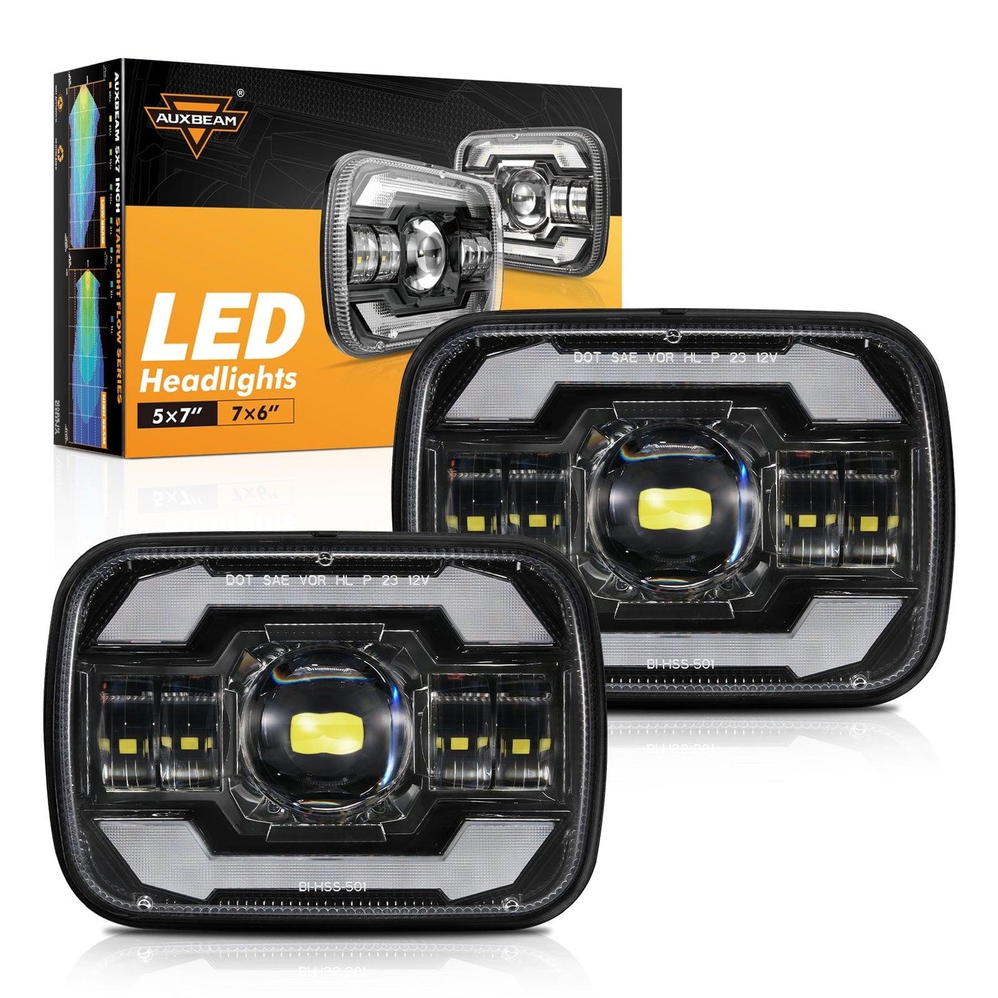 Starlight Flow Series 7x6 Inch Sealed Beam LED Headlights with Hi-Lo Beam &amp; Amber Turn Signal White DRL for JEEP, Trucks, GMC, Chevrolet