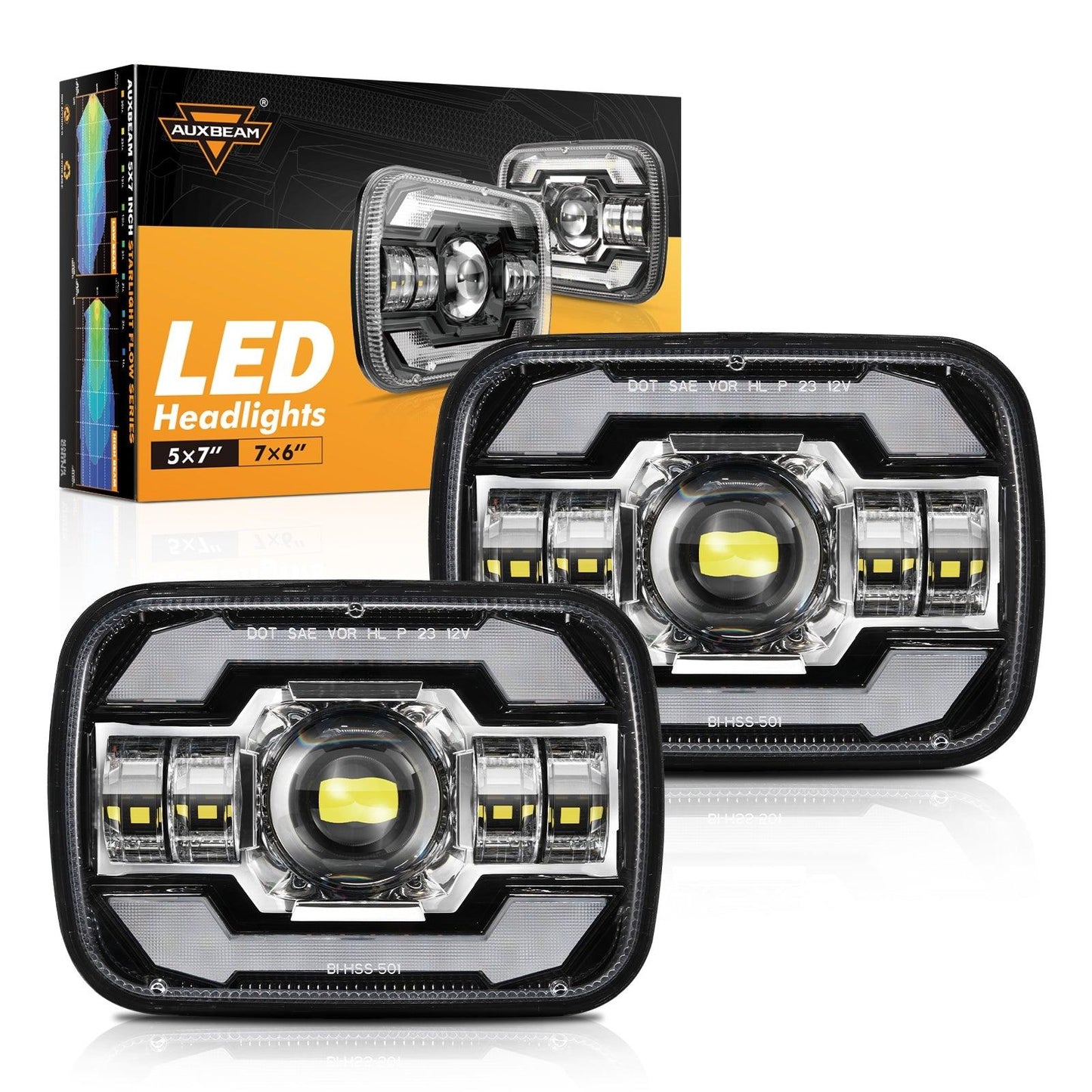 Starlight Flow Series 7x6 Inch Sealed Beam LED Headlights with Hi-Lo Beam &amp; Amber Turn Signal White DRL for JEEP, Trucks, GMC, Chevrolet