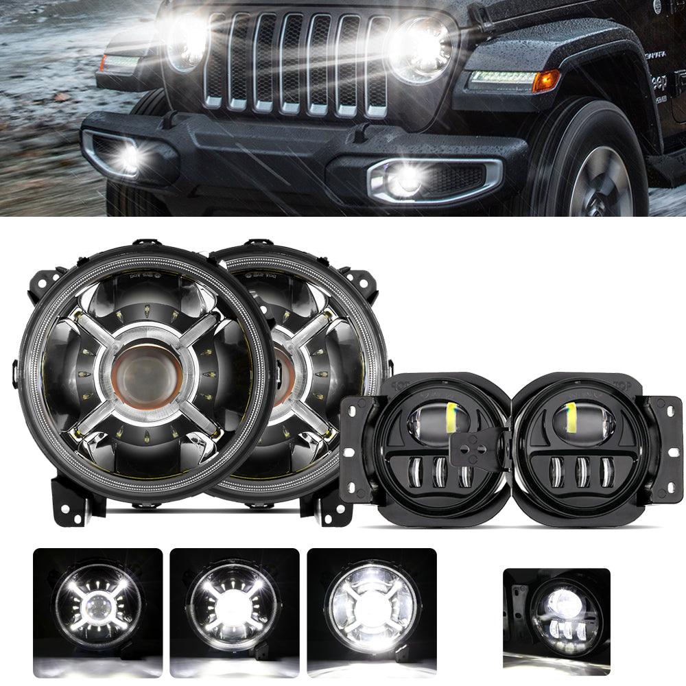 9'' Round 100W LED Headlights with DRL &amp; 4 Inch 30W LED Fog Lights with Adapter Ring for Jeep Wrangler JL 2018-2019