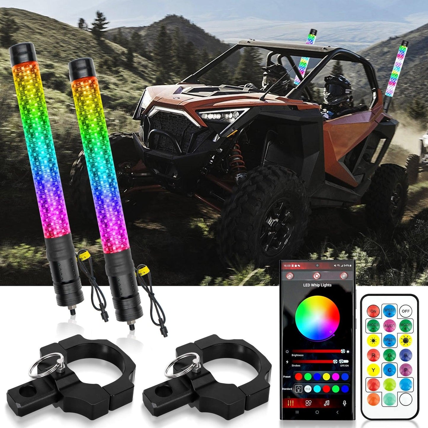 New LED RGB Whip Lights with Turn Signal & Brake Light, Bluetooth APP/ Remote Control