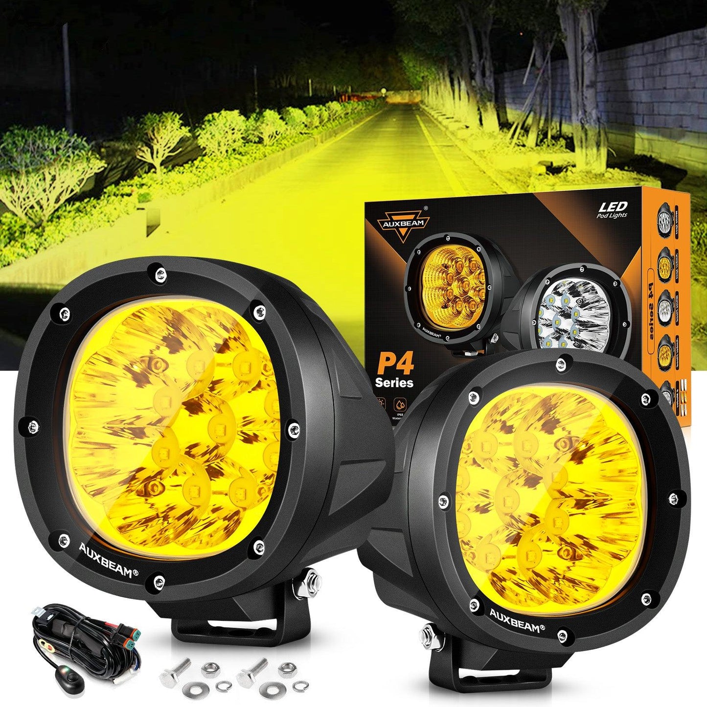 P4 Series | 4 Inch 90W Round LED Driving Lights Spot Amber Pod Lights - Auxbeam  – éclairage LED auto