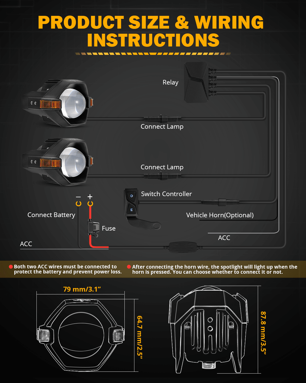 🆕3 Inch Motorcycle LED Spotlight Bi-LED Projector Lens Headlight 120W Dual Color Switchback LED Work Light 3+5 Light Modes for Motorcycle SUV ATV Trucks | 2PCS/Set
