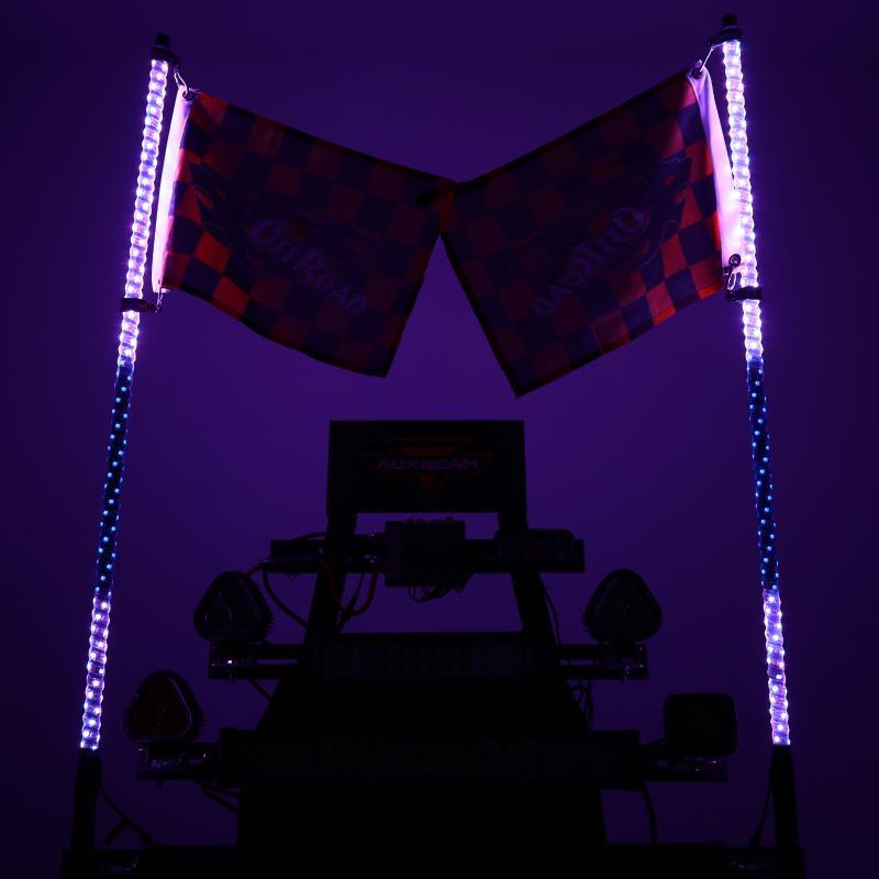 3FT/4FT LED RGB Whip Lights with Bluetooth/ Remote Controlled & Black Universal Flagpole Light Mount  for all UTVs with 1.75" to 2" Roll Cage
