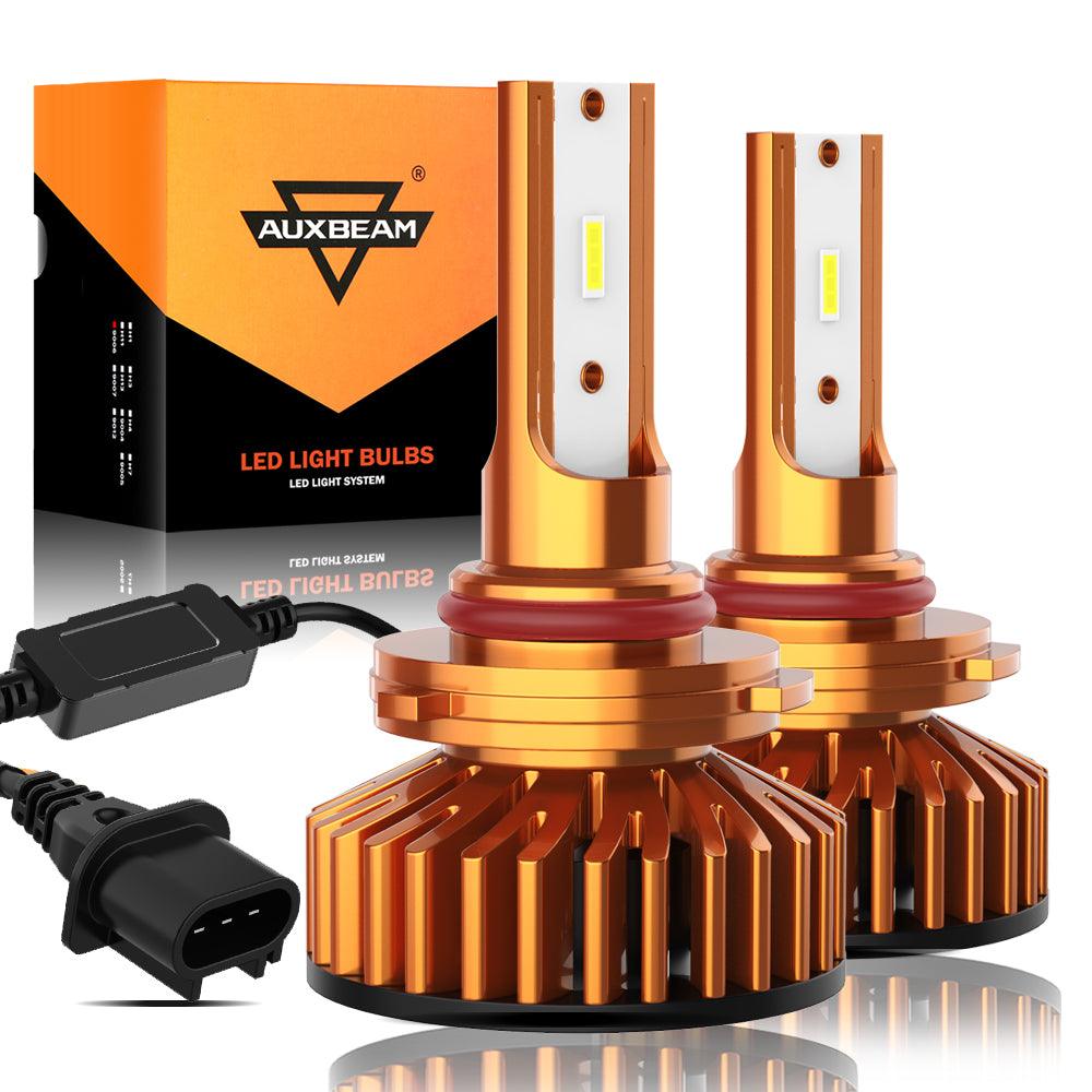 9005 LED headlight bulbs with 52W power, 10000LM brightness, 6500K cool white light, double-sided CSP chip design