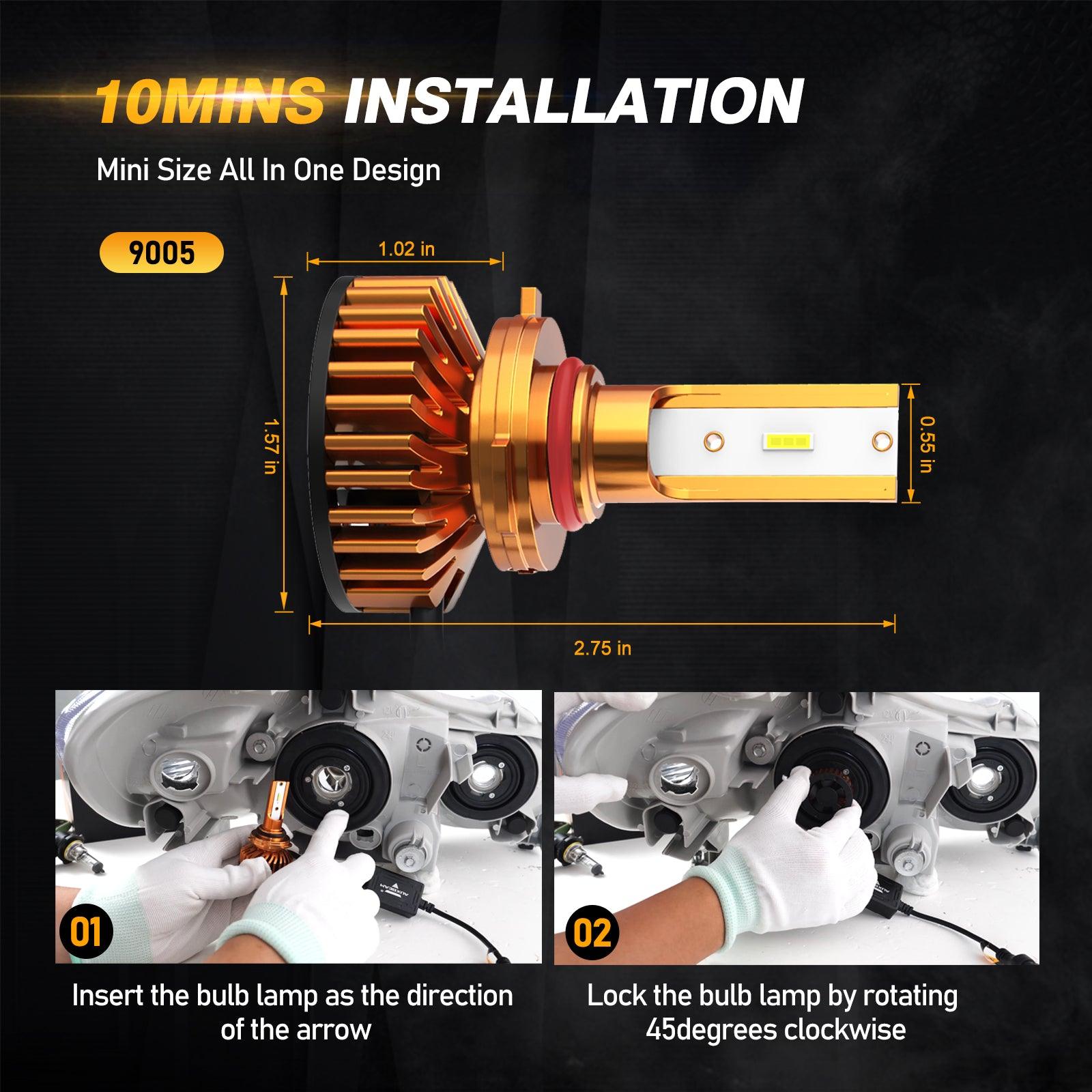 9005 LED headlight bulb with copper heat sink shown with dimensions and installation steps in vehicle headlight assembly