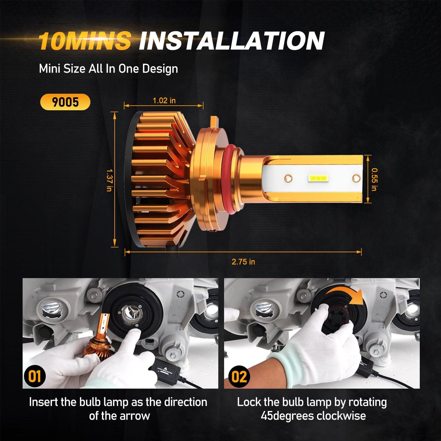 9005 LED headlight bulb with mini size design and installation steps showing 10-minute setup with measurements