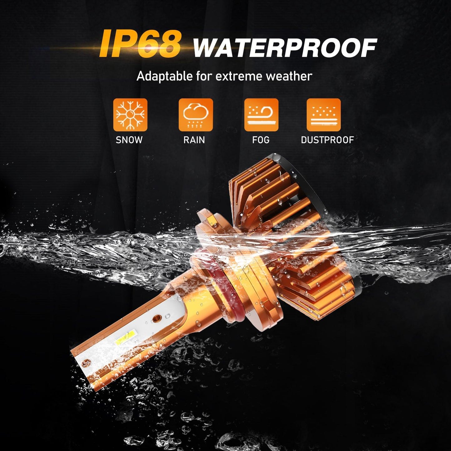 9005 LED headlight bulb submerged in water showing IP68 waterproof rating for snow rain fog and dust resistance