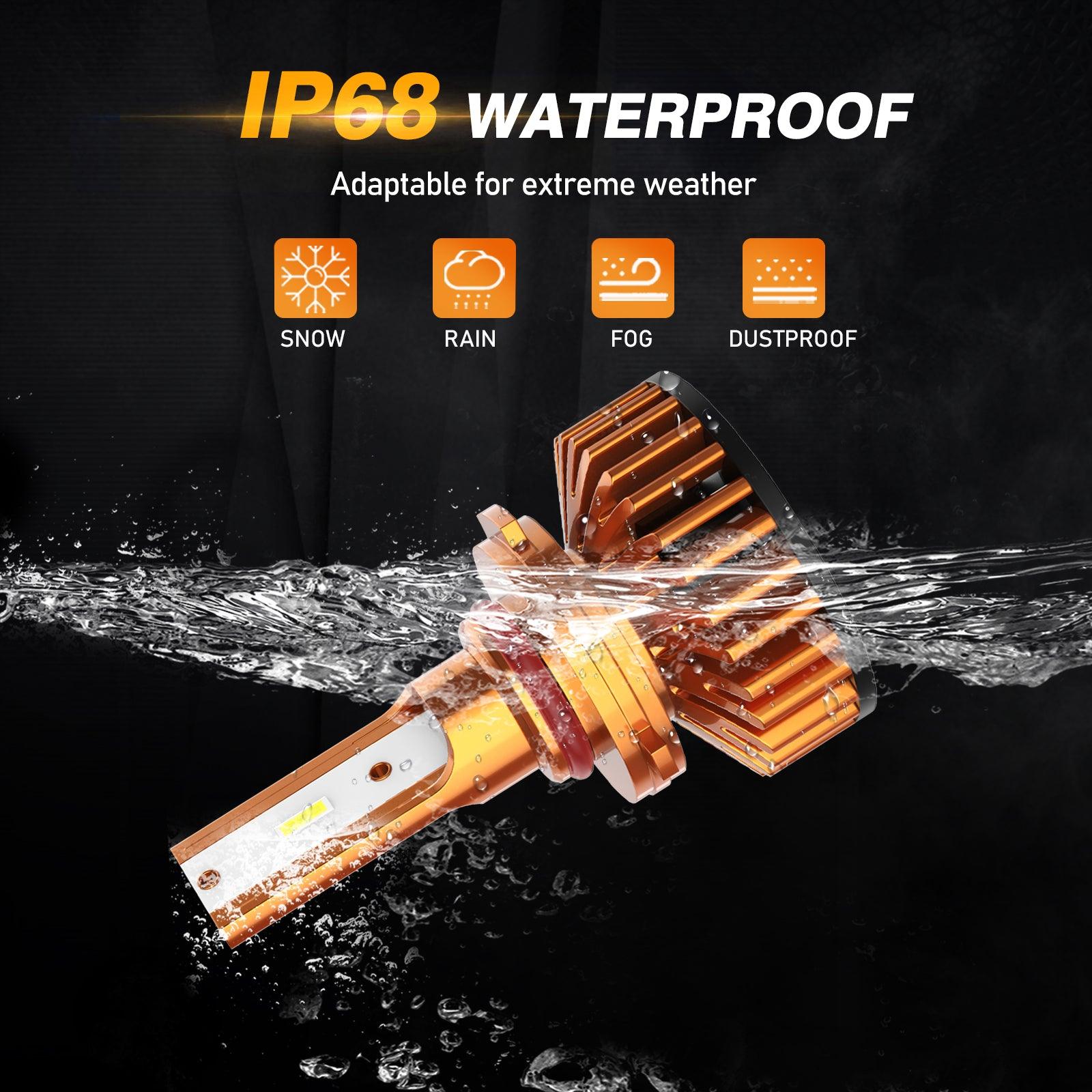 9005 LED headlight bulb submerged in water showing IP68 waterproof rating for snow rain fog and dust resistance