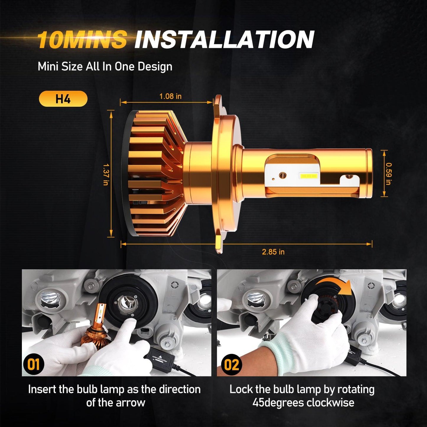 مصابيح أمامية LED H4/9003، 52 واط، 10000 لومن، سلسلة F2، حجم صغير، 6500 كلفن، أبيض بارد | 2 لمبة