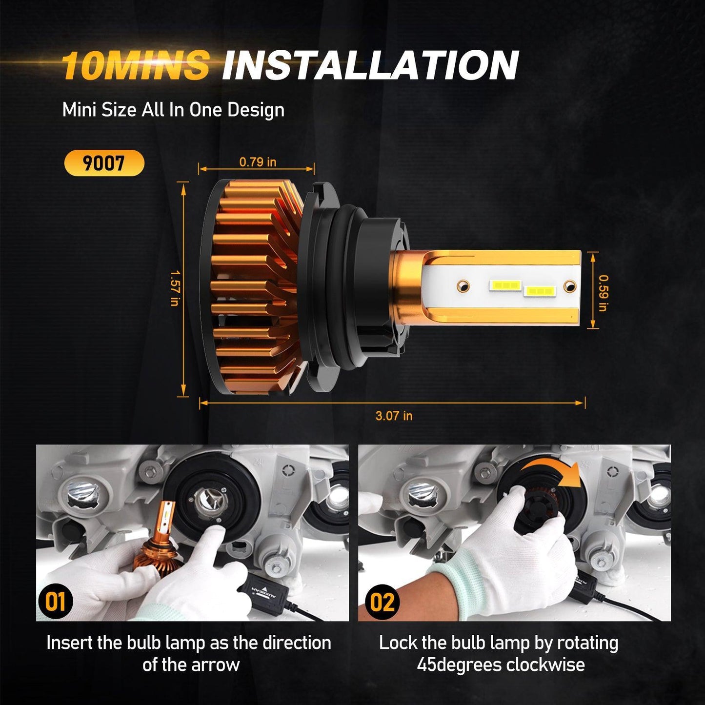 مصابيح أمامية LED 9007، 52 واط، 10000 لومن، سلسلة F2، حجم صغير، 6500 كلفن، أبيض بارد | 2 لمبة