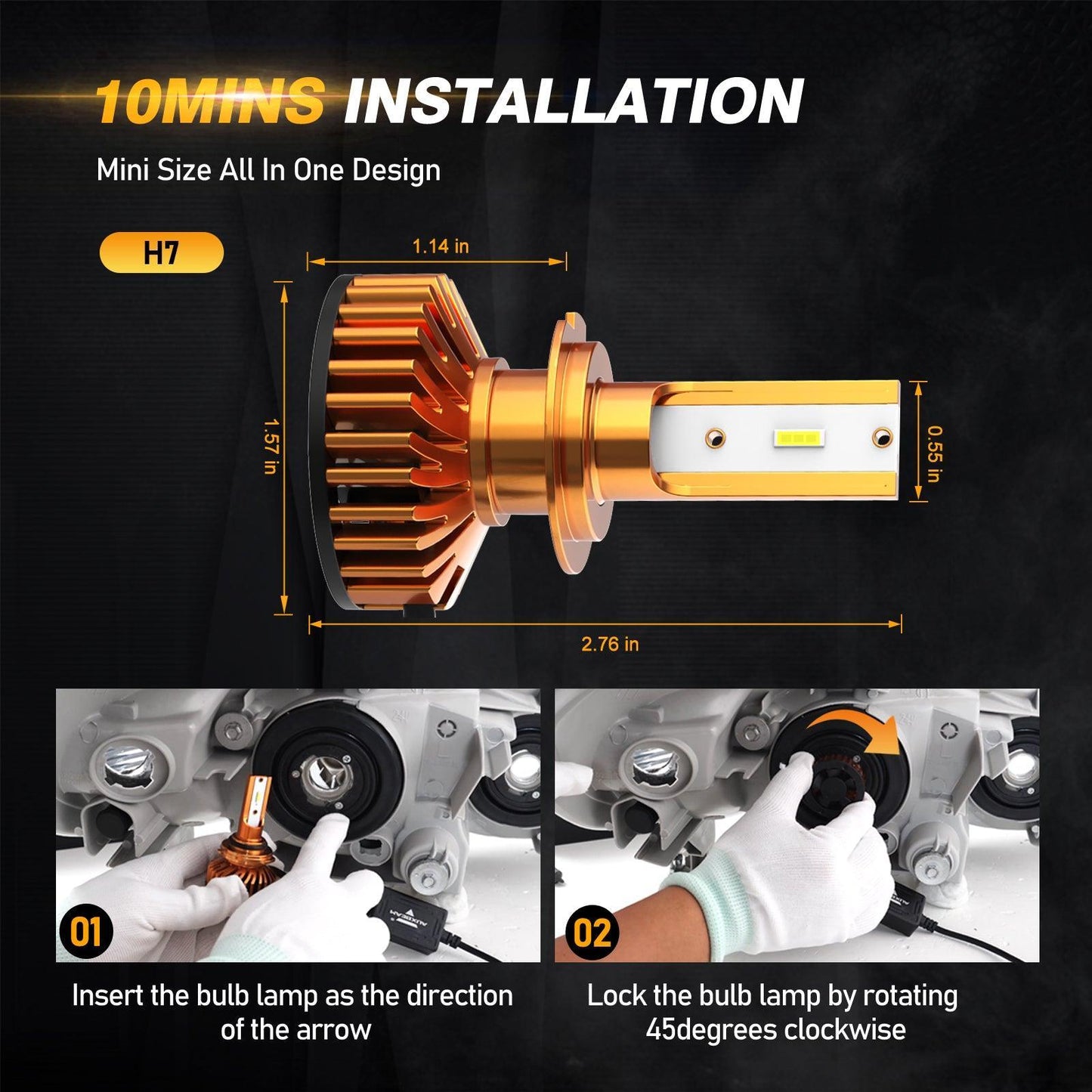 مصابيح أمامية LED H7، 52 واط، 10000 لومن، سلسلة F2، حجم صغير، 6500 كلفن، أبيض بارد | 2 لمبة