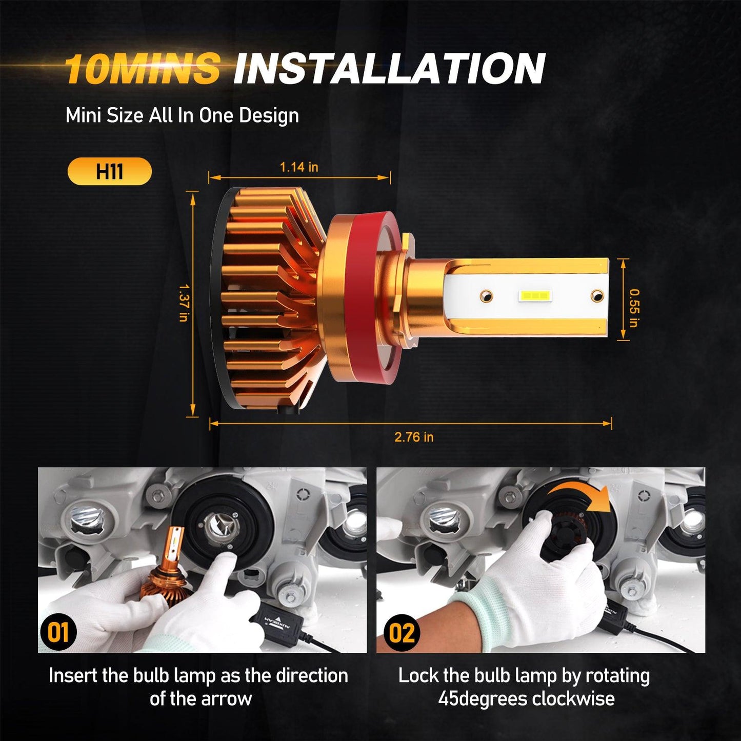 H11 LED headlight bulb with compact design and installation steps showing insertion and locking by rotating 45 degrees