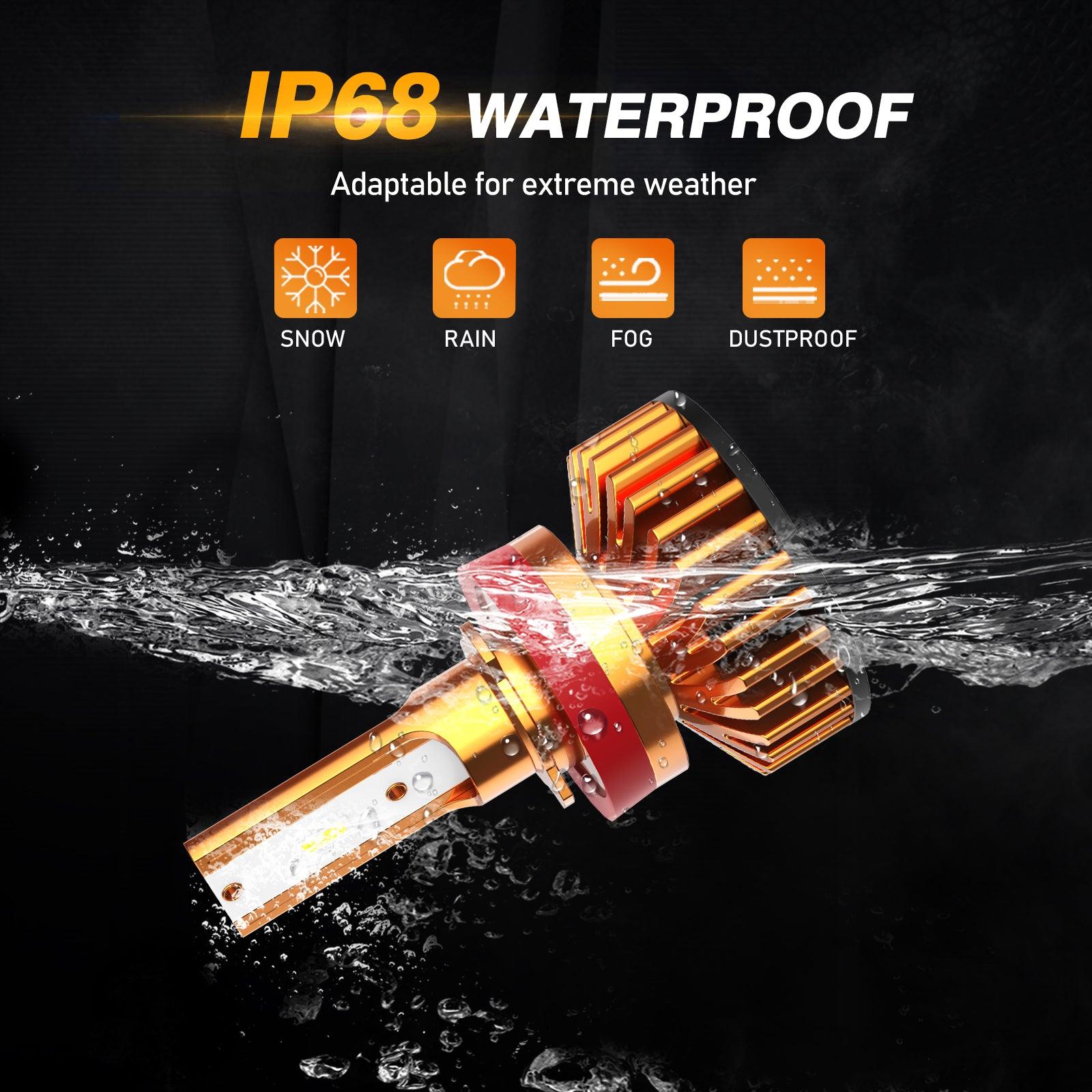 H11 LED headlight bulb submerged in water showing IP68 waterproof rating for snow rain fog and dust protection