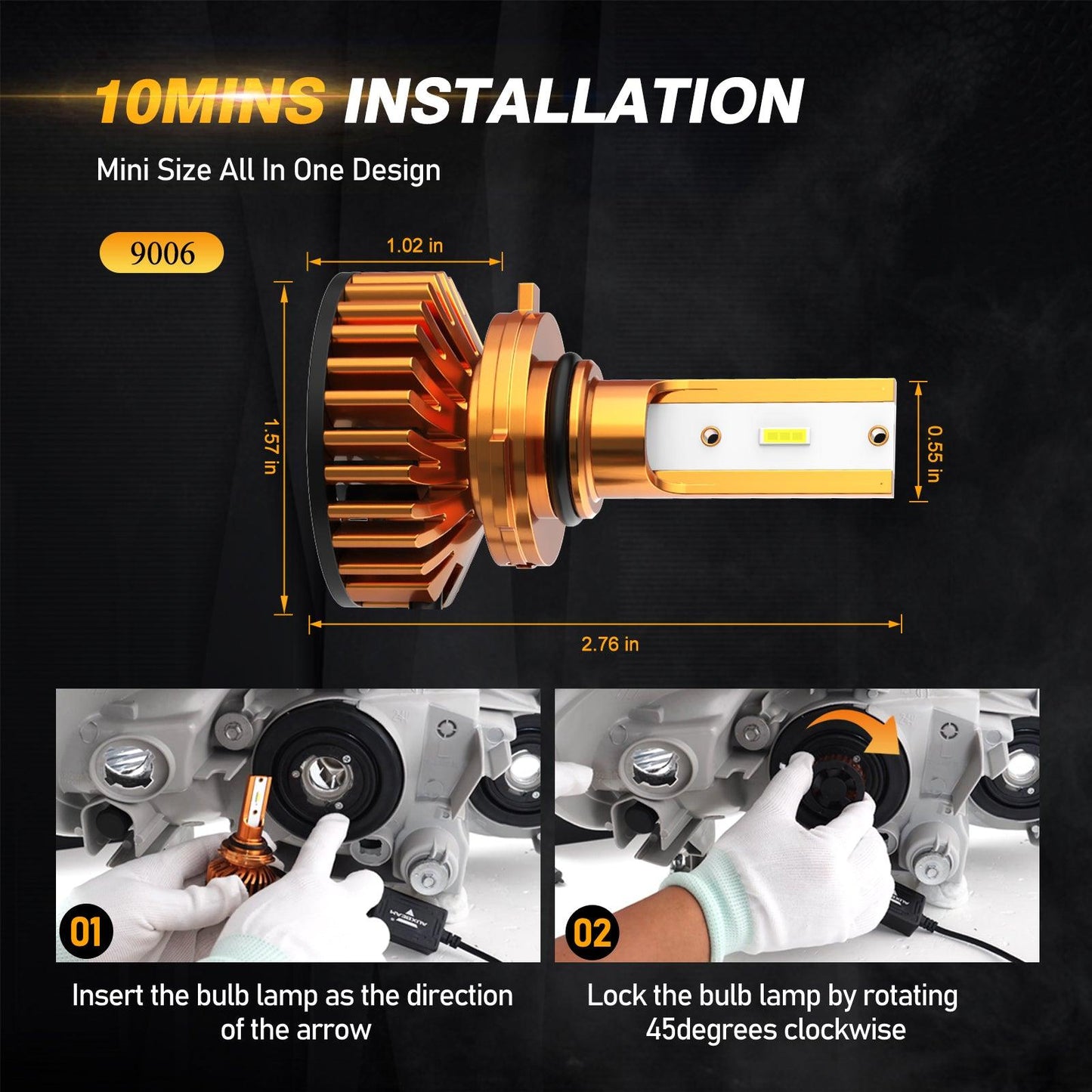 9006 LED headlight bulb with mini size design and installation steps showing measurements and hand locking bulb clockwise