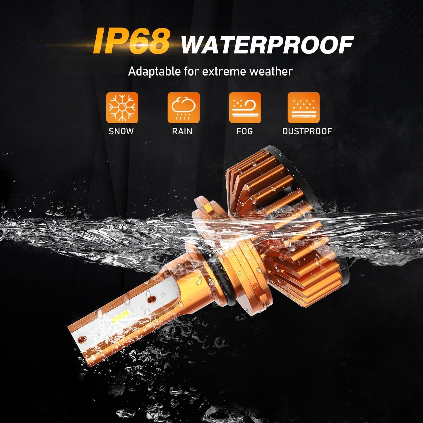 9006 LED headlight bulb with IP68 waterproof rating for snow rain fog and dust extreme weather protection