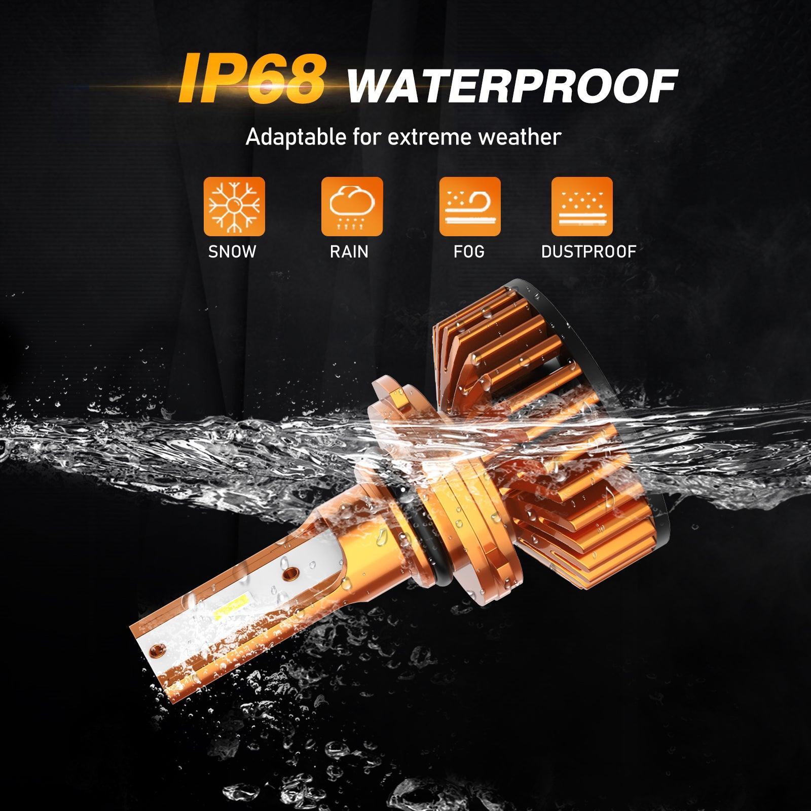 9006 LED headlight bulb with IP68 waterproof rating for snow rain fog and dust extreme weather protection